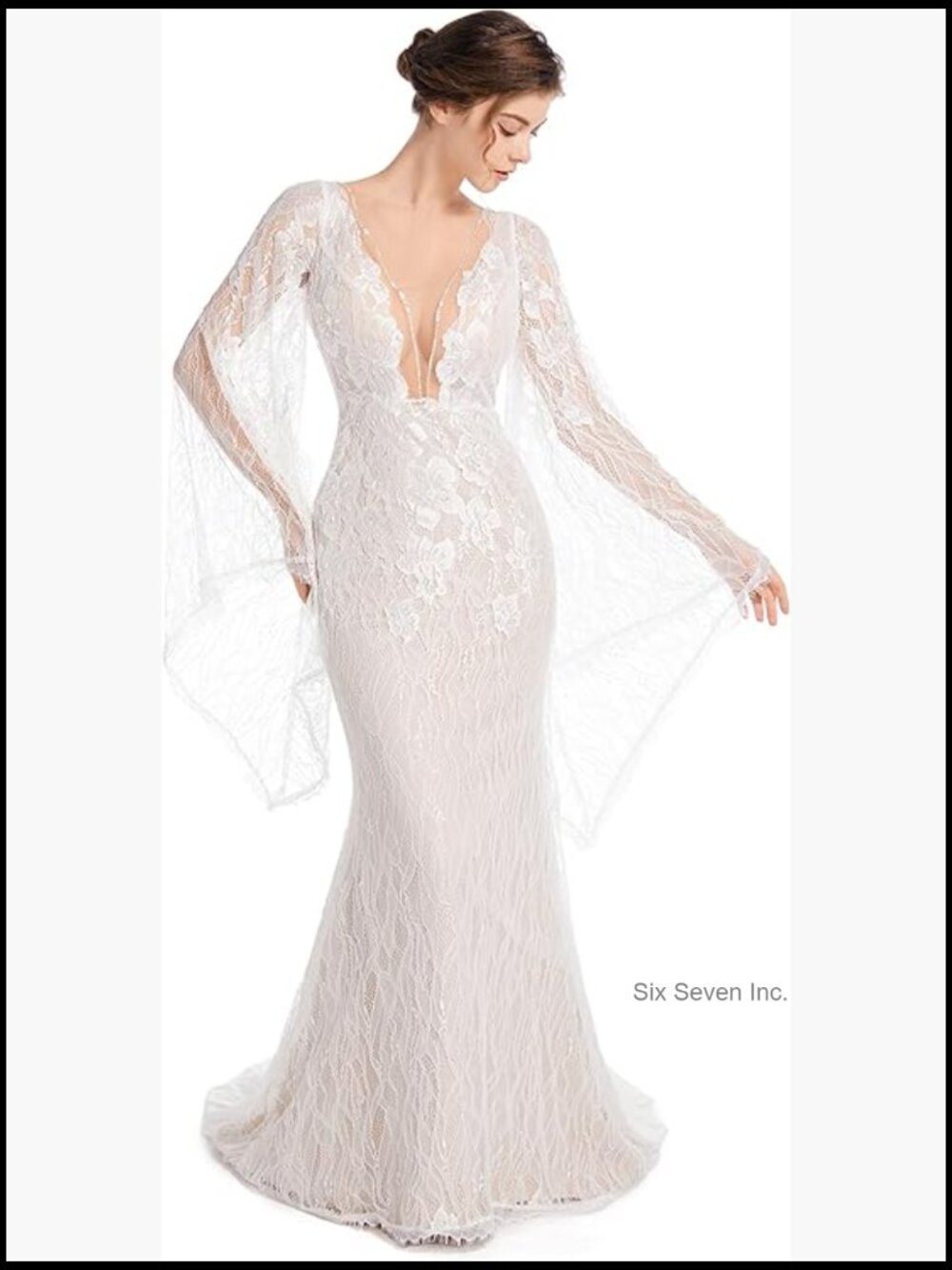 Luxury Lace Flare Sleeves Mermaid Wedding Dress Deep V Open Back